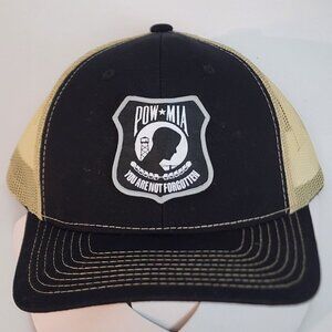 POW MIA Patched Black/Vegas Gold Mesh Snapback Trucker Hat